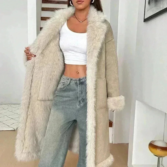 Beige Casual Women's Fuzzy Patchwork Long Sleeve Front Tie Pocket Jacket - Picture 7 of 7